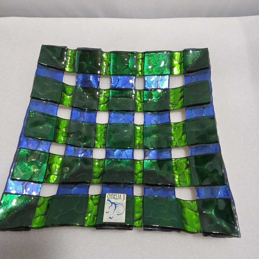 Il Vetraio Italy Fused Art Glass Plate Bowl 7.5” Green Blue Checkered (OT)